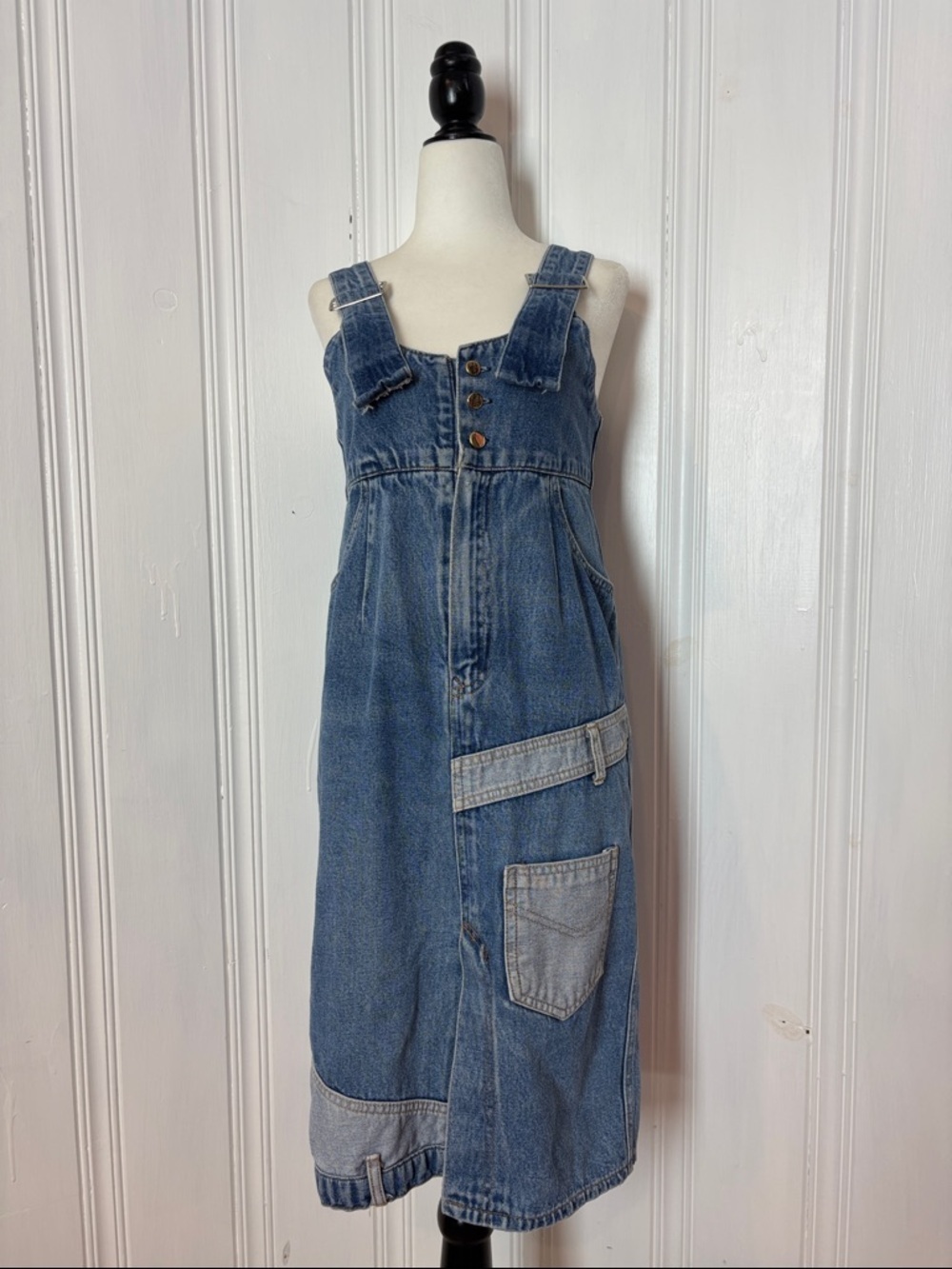 Patchwork Denim Pinafore Dress w/ Adjustable Straps | Size S